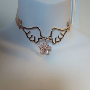 Gold Winged Choker Necklace with Pink Flower Pendant